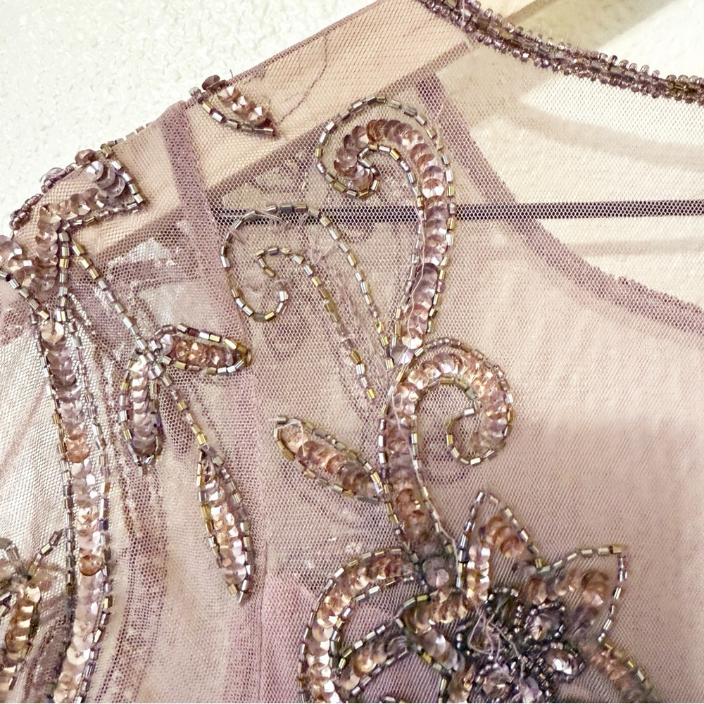 Pisarro Nights Beaded Illusion Neck Gown Mauve Tulle Flare Godet Hem Midi Size 6 - Picture 11 of 14